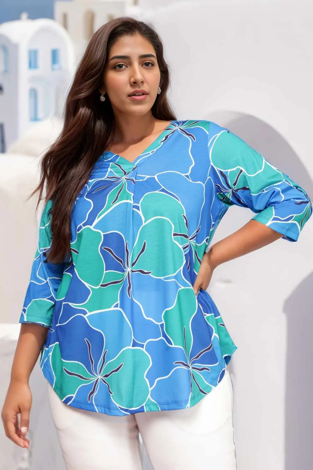 Plus Size Blue Green Abstract Centre Pleat Top