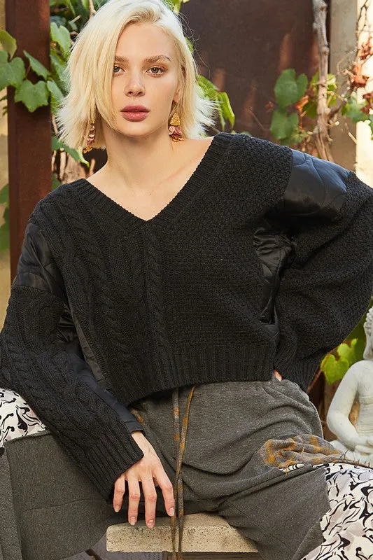 POL Cable Knit Quilting Patch V-Neck Sweater