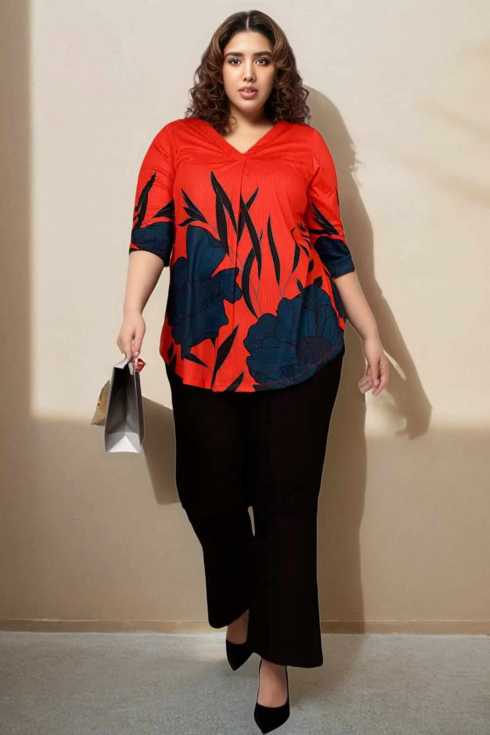 Red Teal Print Plus Size Top