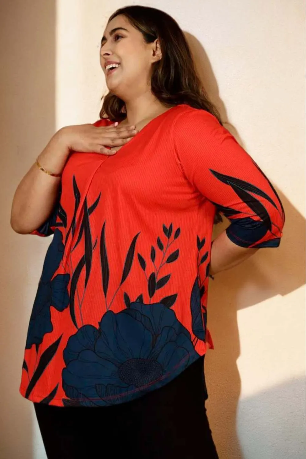 Red Teal Print Plus Size Top