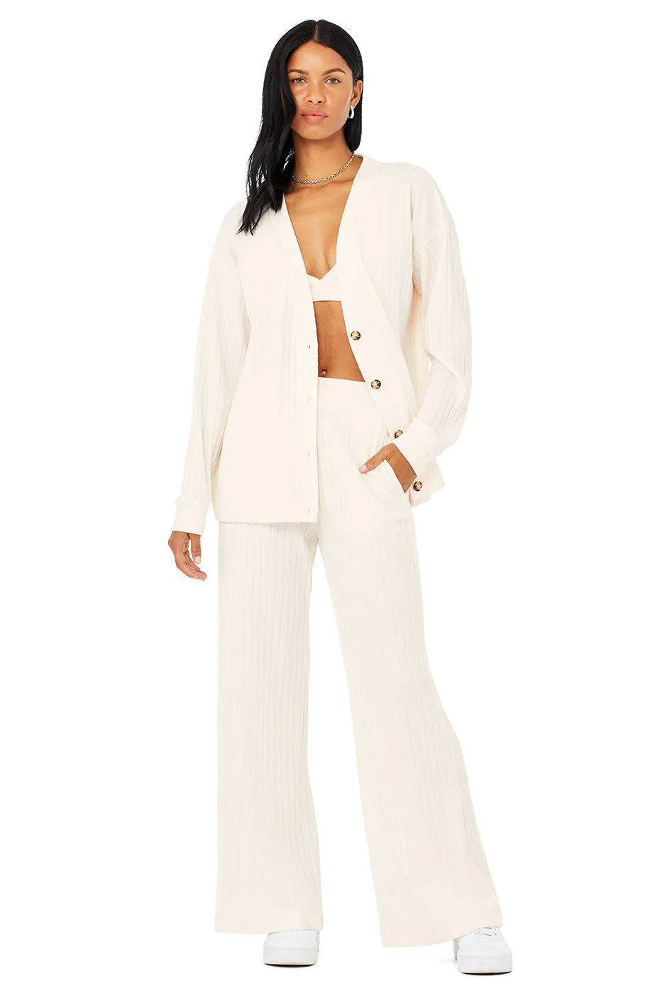 Ribbed Take Comfort Bra, Cardigan & Wide Leg Pant Set