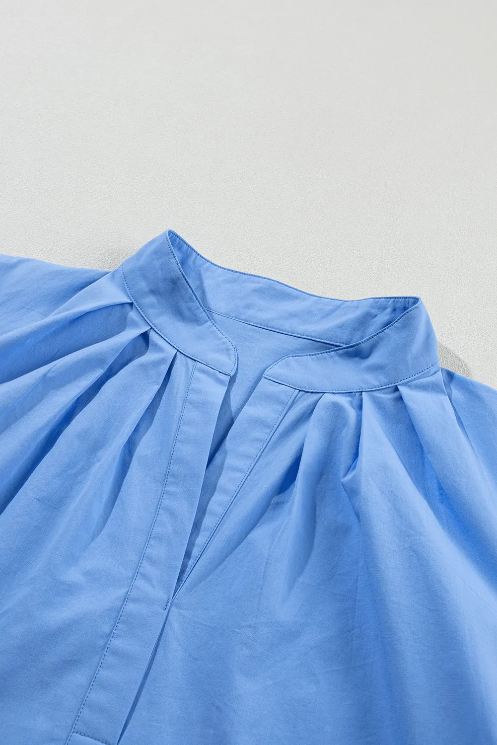 Sky Blue Solid Color Puff Short Sleeve Pleated Blouse