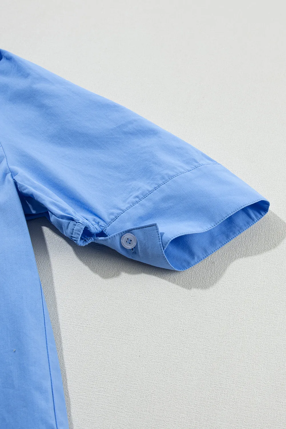 Sky Blue Solid Color Puff Short Sleeve Pleated Blouse