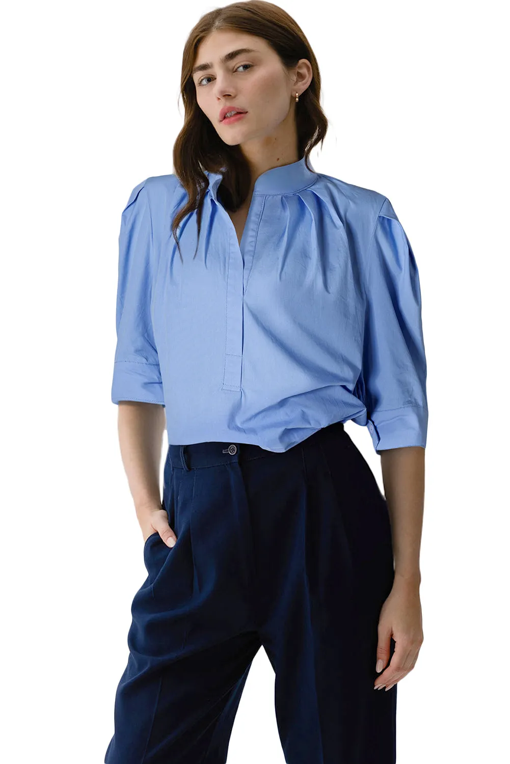 Sky Blue Solid Color Puff Short Sleeve Pleated Blouse