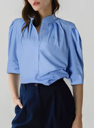 Sky Blue Solid Color Puff Short Sleeve Pleated Blouse