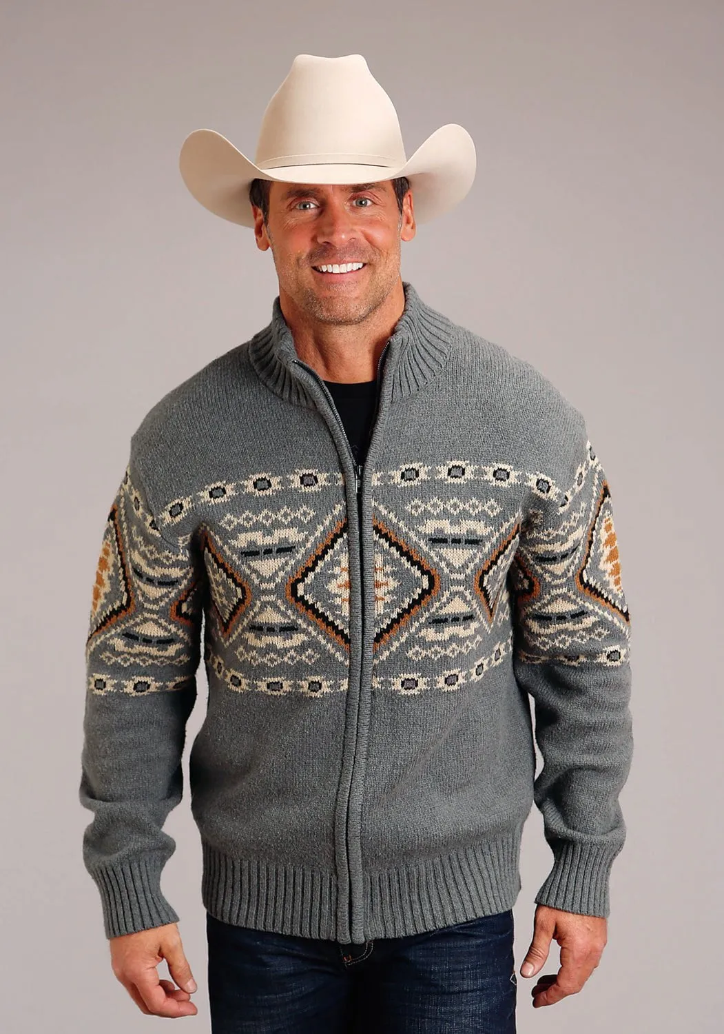 Stetson Mens Aztec Border Grey Cotton/Wool L/S Cardigan Sweater