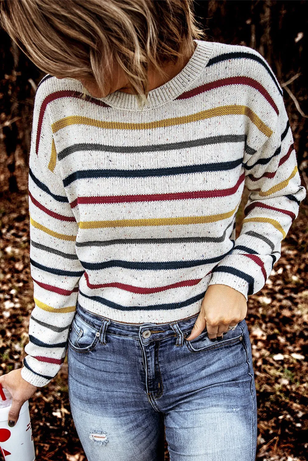 Striped Drop Sleeve Crew Neck Knit Sweater