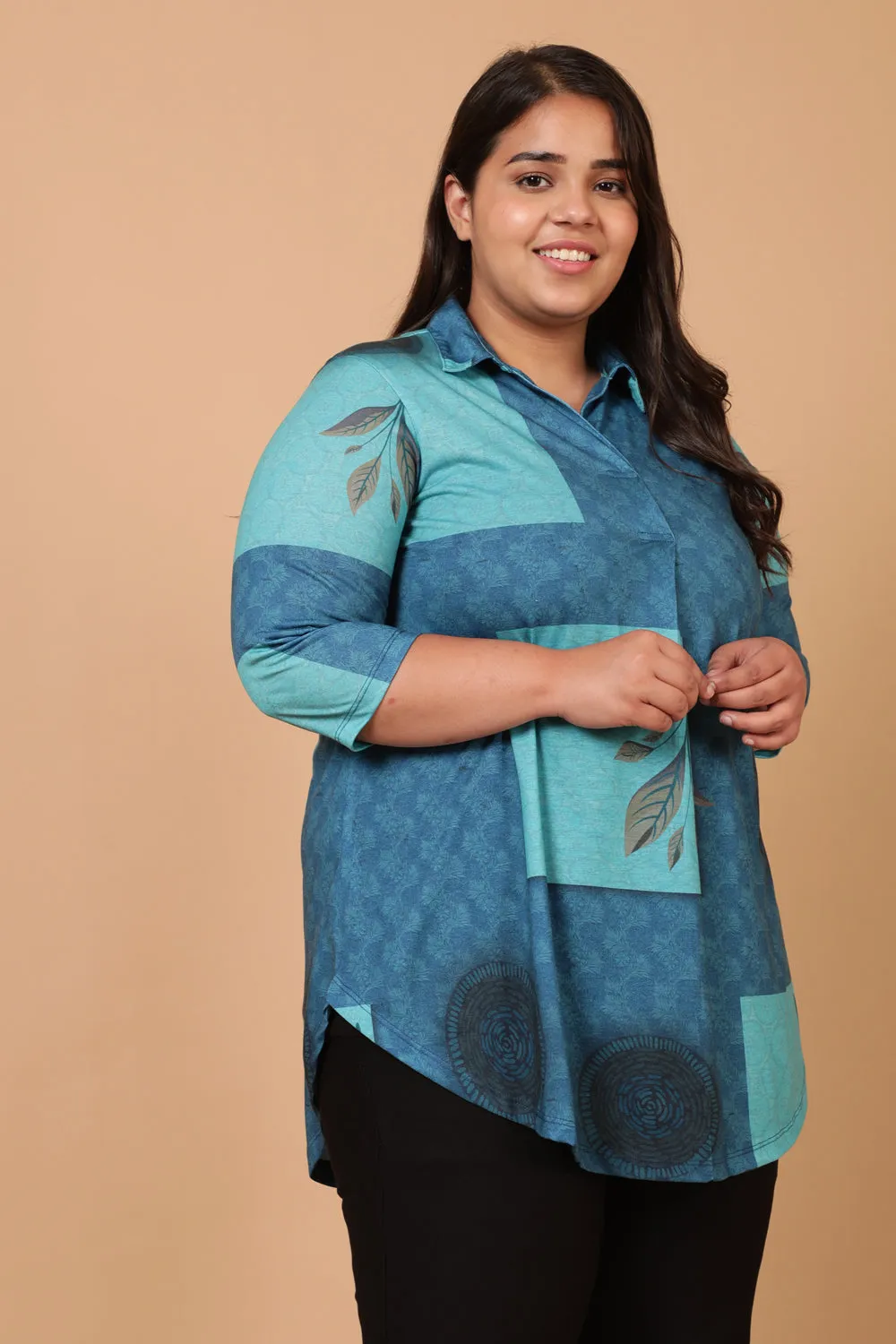 Teal Blocks Centre Pleat Top