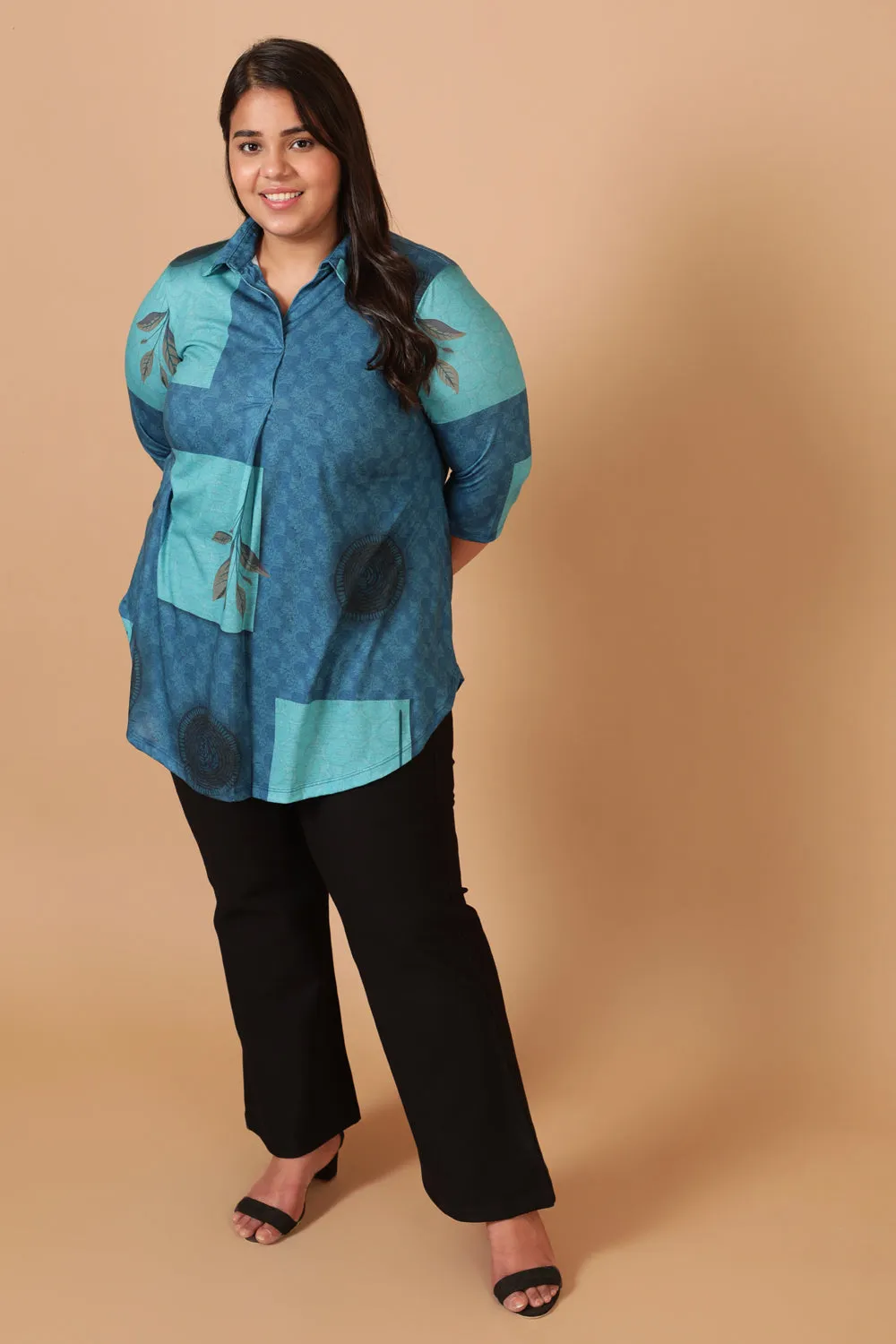 Teal Blocks Centre Pleat Top