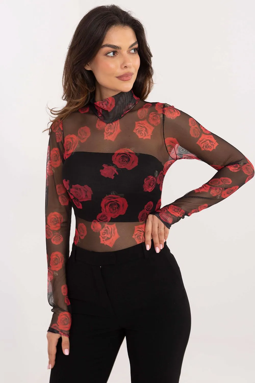 TEEK - Sheer Demure Printed Turtleneck Blouse