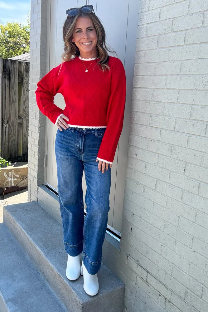 Textured Sweater With Trim-Red/White