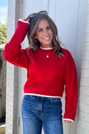 Textured Sweater With Trim-Red/White