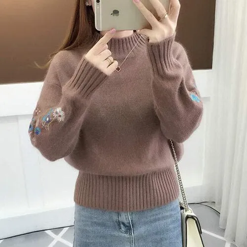 TIGENA 2019 Winter Thick Warm Beautiful Embroidery Turtleneck Sweater Women Long Sleeve Knit Pullover Sweater Female Pull Femme