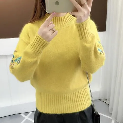 TIGENA 2019 Winter Thick Warm Beautiful Embroidery Turtleneck Sweater Women Long Sleeve Knit Pullover Sweater Female Pull Femme