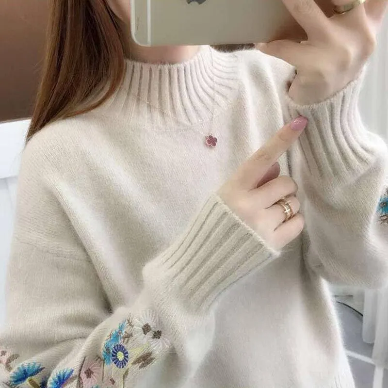 TIGENA 2019 Winter Thick Warm Beautiful Embroidery Turtleneck Sweater Women Long Sleeve Knit Pullover Sweater Female Pull Femme