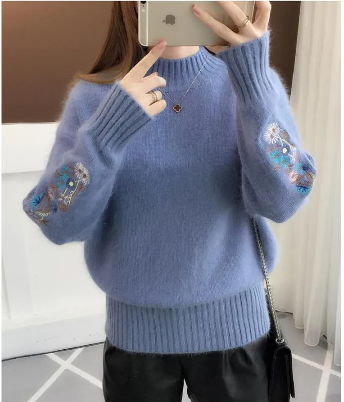 TIGENA 2019 Winter Thick Warm Beautiful Embroidery Turtleneck Sweater Women Long Sleeve Knit Pullover Sweater Female Pull Femme