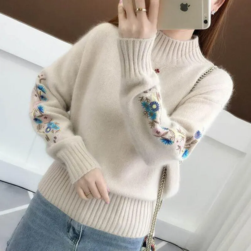 TIGENA 2019 Winter Thick Warm Beautiful Embroidery Turtleneck Sweater Women Long Sleeve Knit Pullover Sweater Female Pull Femme