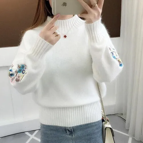 TIGENA 2019 Winter Thick Warm Beautiful Embroidery Turtleneck Sweater Women Long Sleeve Knit Pullover Sweater Female Pull Femme