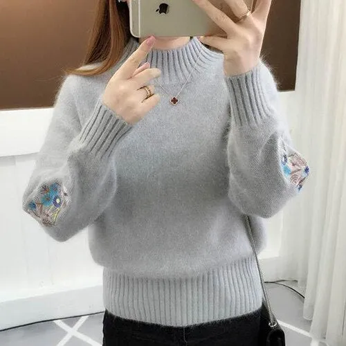 TIGENA 2019 Winter Thick Warm Beautiful Embroidery Turtleneck Sweater Women Long Sleeve Knit Pullover Sweater Female Pull Femme