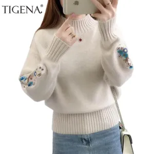 TIGENA 2019 Winter Thick Warm Beautiful Embroidery Turtleneck Sweater Women Long Sleeve Knit Pullover Sweater Female Pull Femme