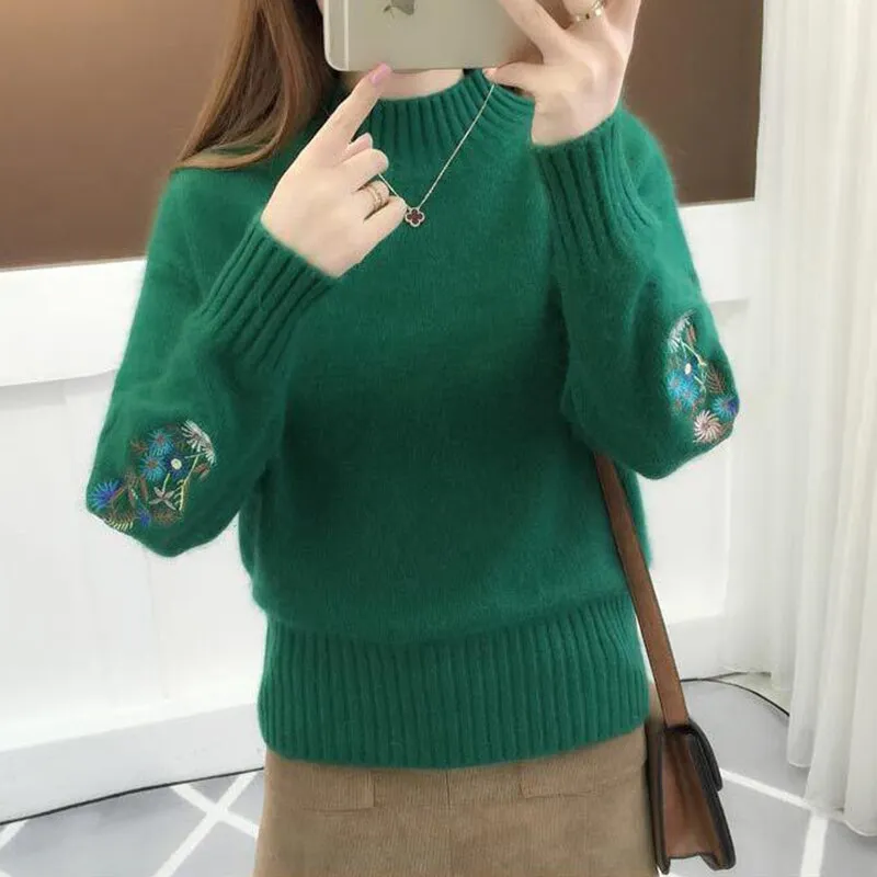 TIGENA 2019 Winter Thick Warm Beautiful Embroidery Turtleneck Sweater Women Long Sleeve Knit Pullover Sweater Female Pull Femme