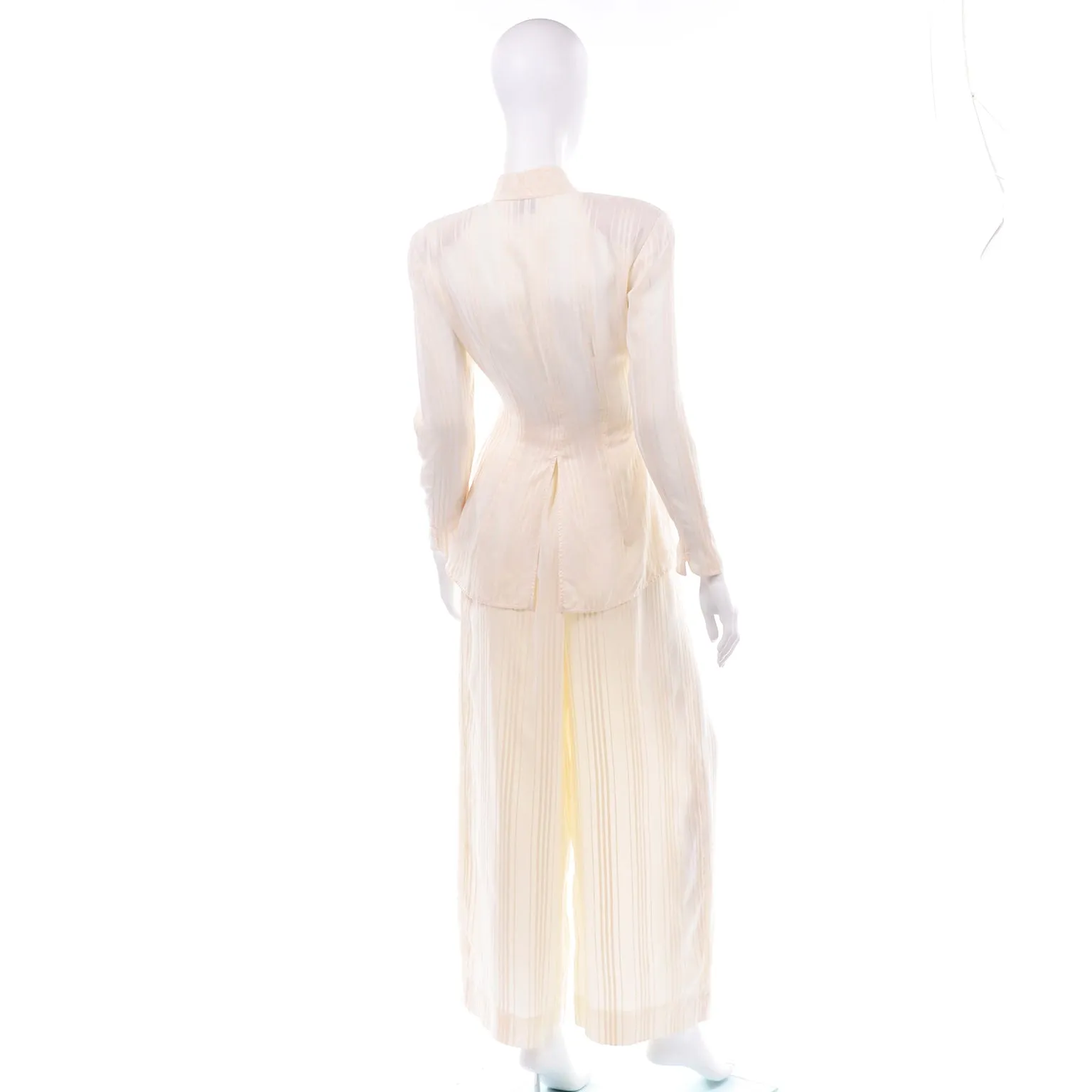 Valentino Vintage Tonal Stripe Cream Silk Wide Leg Pants & Blouse Outfit