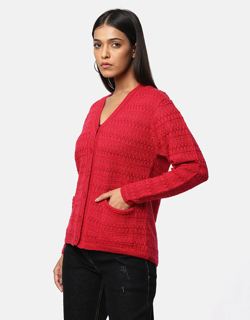 Women Woolen V-Neck Front Pocket Cardigan