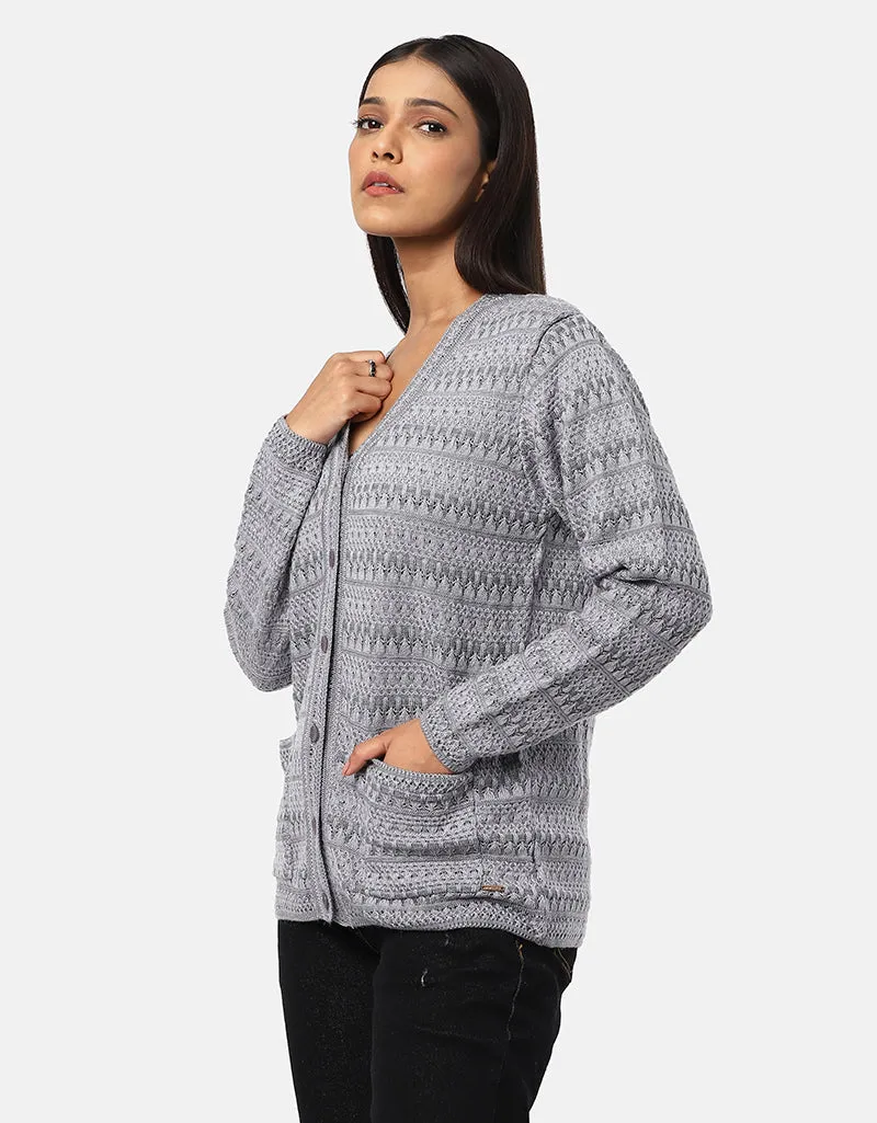 Women Woolen V-Neck Front Pocket Cardigan