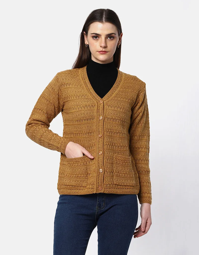 Women Woolen V-Neck Front Pocket Cardigan