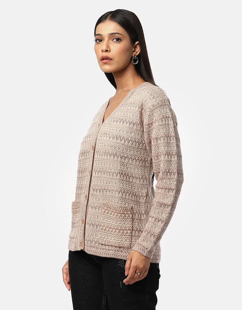 Women Woolen V-Neck Front Pocket Cardigan