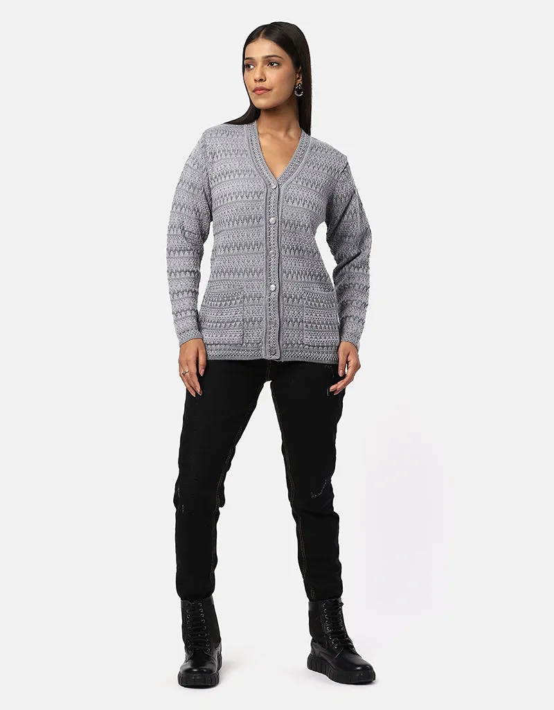 Women Woolen V-Neck Front Pocket Cardigan