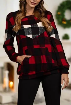 Womens Christmas Red Plaid Top, Holiday Sweater, Long Sleeve Shirt, Sizes S/M/L, Black/Red/White