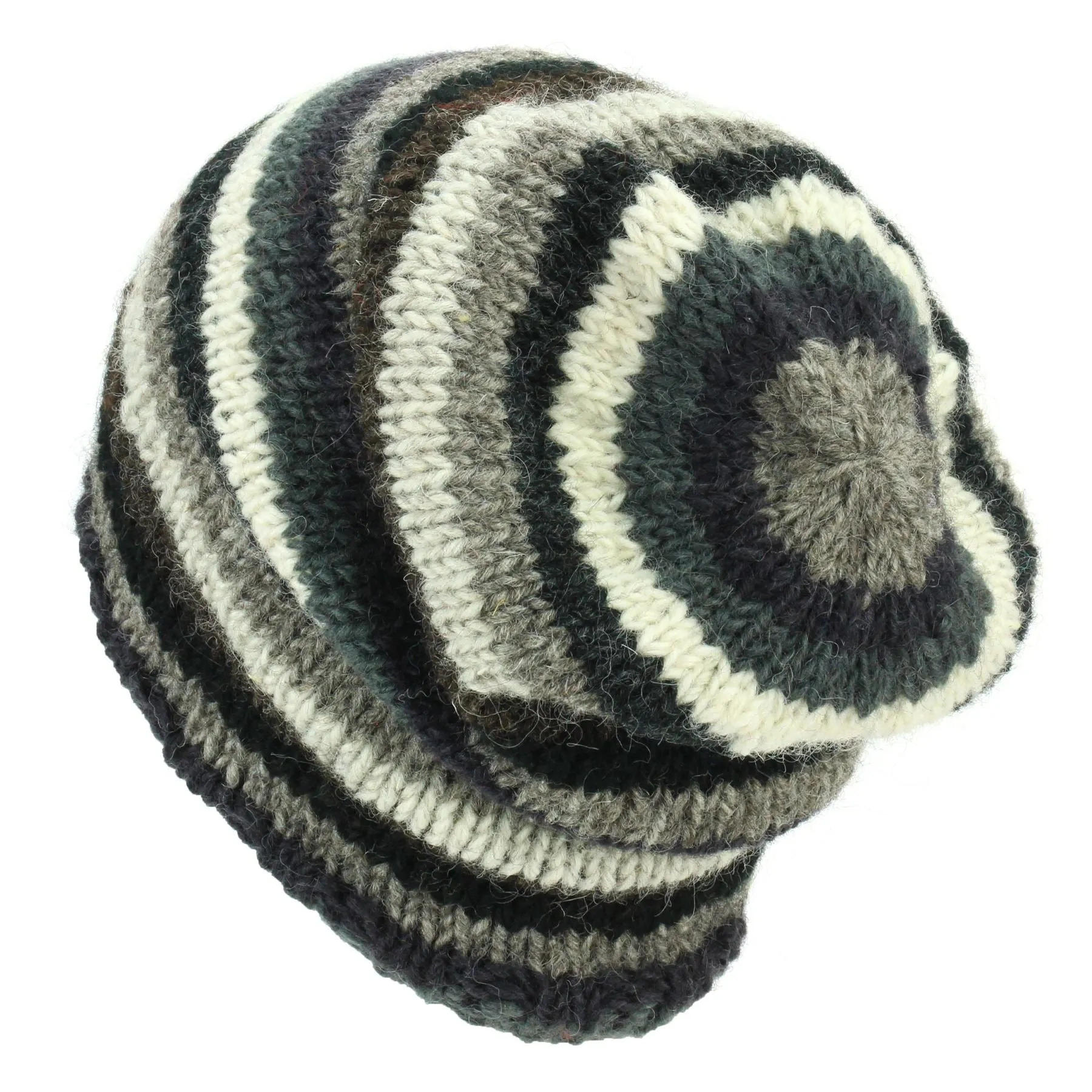 Wool Knit Baggy Slouch Beanie Hat - Stripe Greys