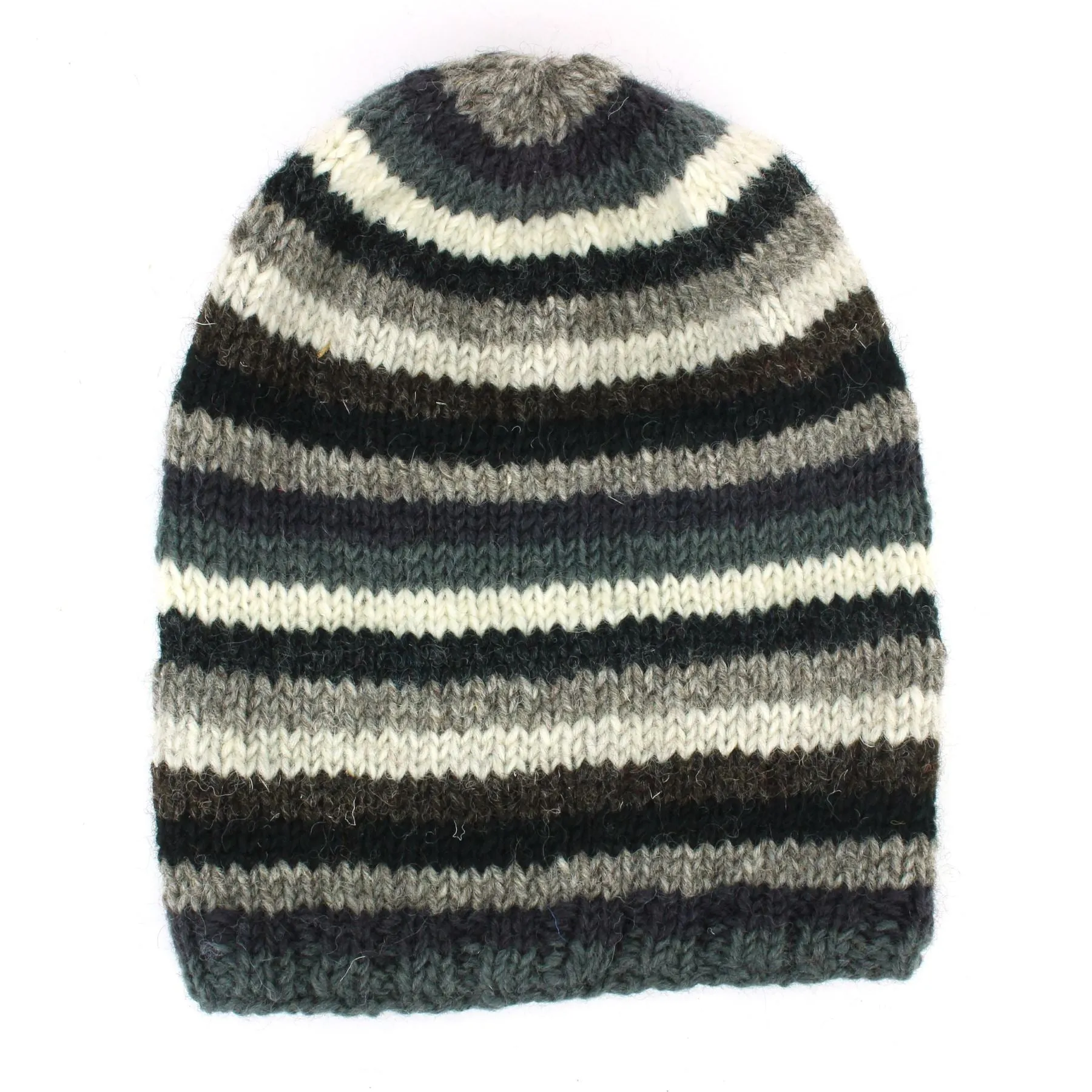 Wool Knit Baggy Slouch Beanie Hat - Stripe Greys